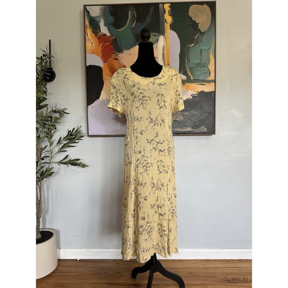 Vintage 80’s 90’s R & K Midi Cottage Core Yellow Floral Dress Sz 14 Pleaded - Picture 1 of 10